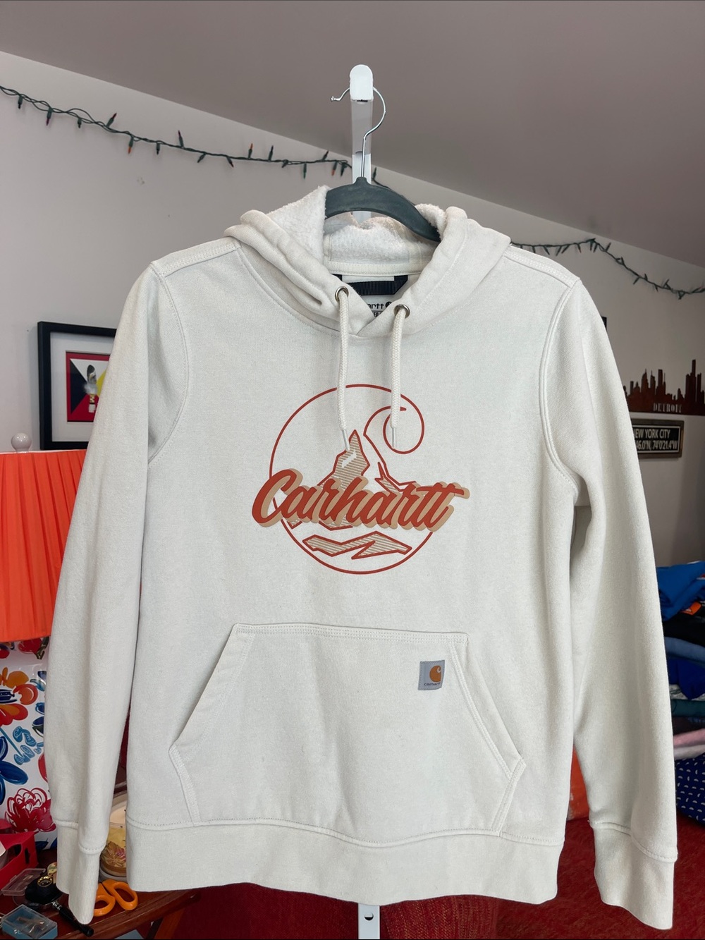 Carhartt Cream Hoodie with Rust Mountain Script Logo
